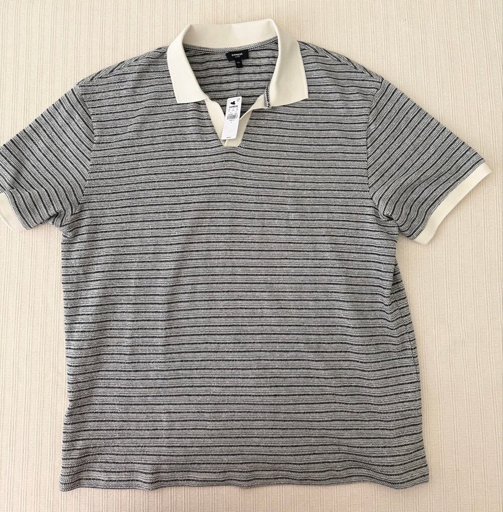 NWT Express Men's Classic Striped Knit Johnny Collar Polo Shirt Sz Lg Gray White